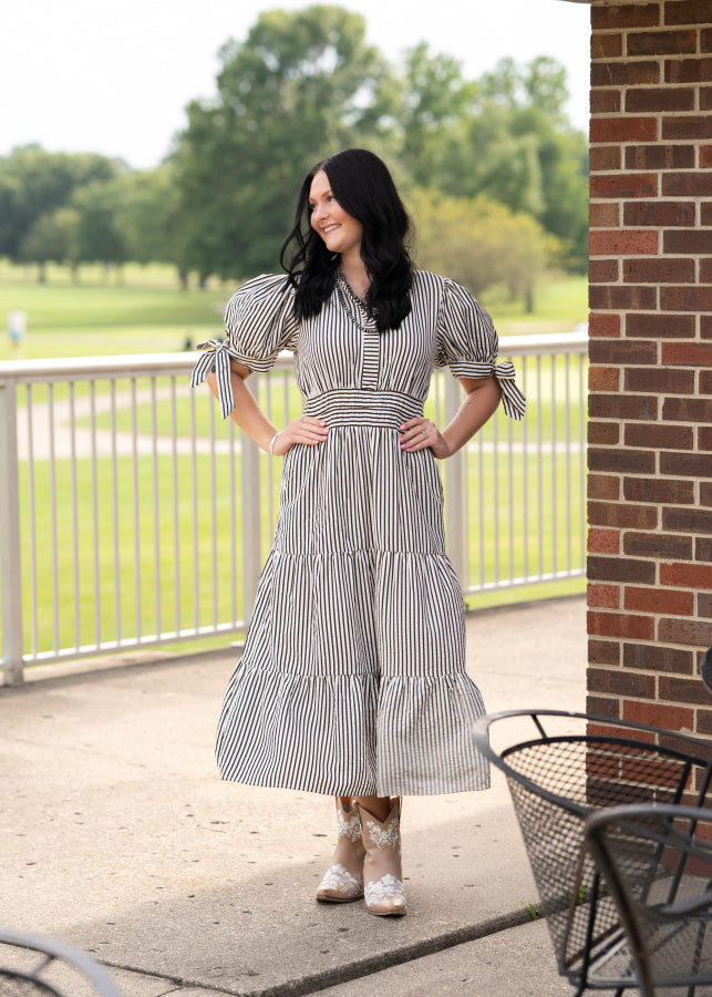 Classic Contrast Striped Midi Dress