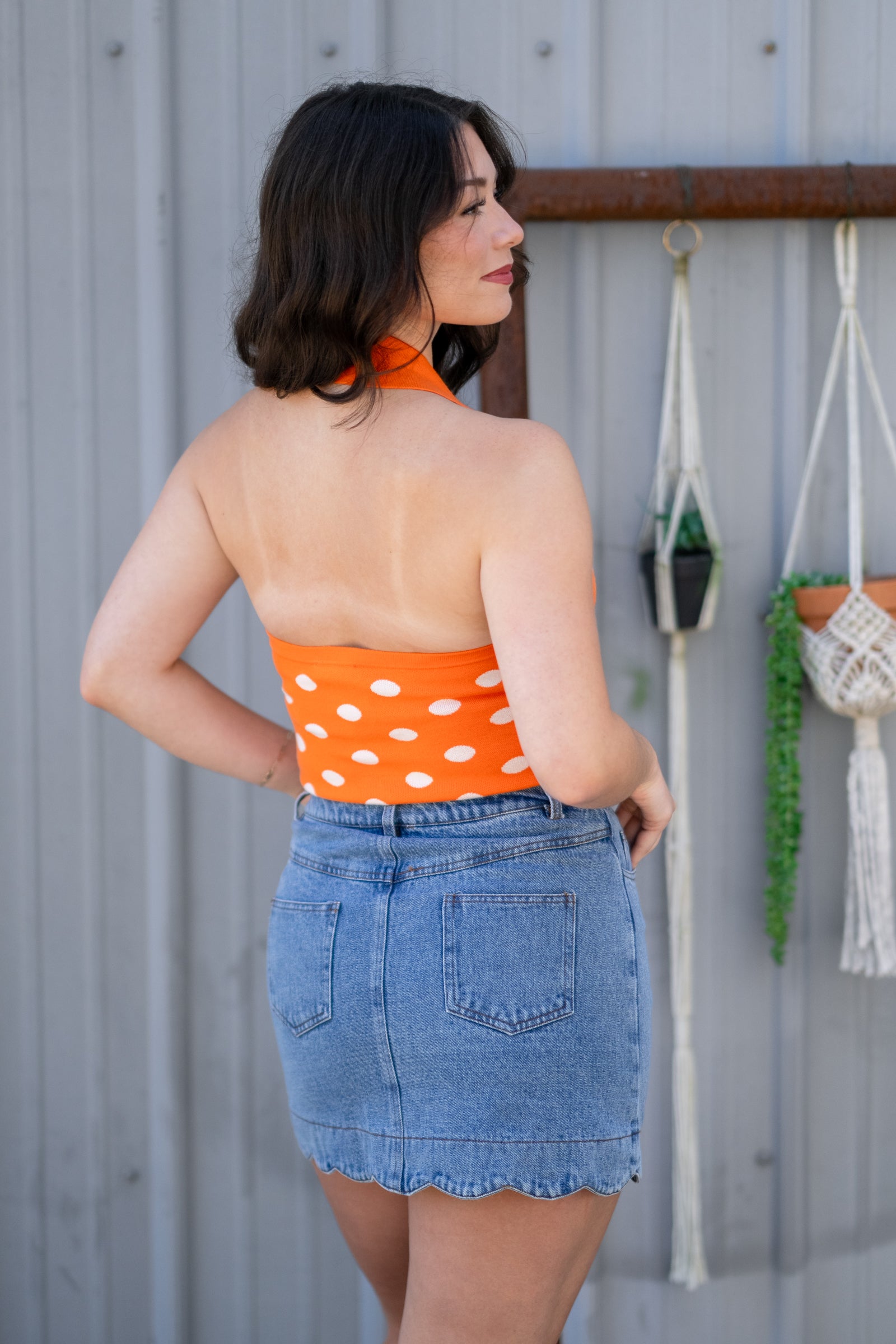 ORANGE HALTER POLKA DOT KNIT TOP