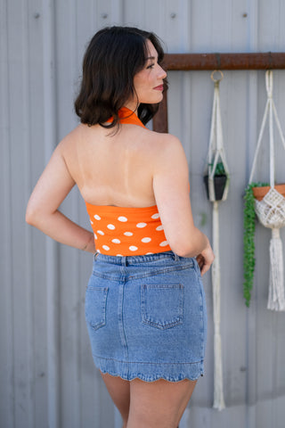 ORANGE HALTER POLKA DOT KNIT TOP