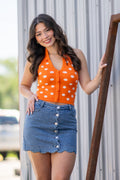 ORANGE HALTER POLKA DOT KNIT TOP