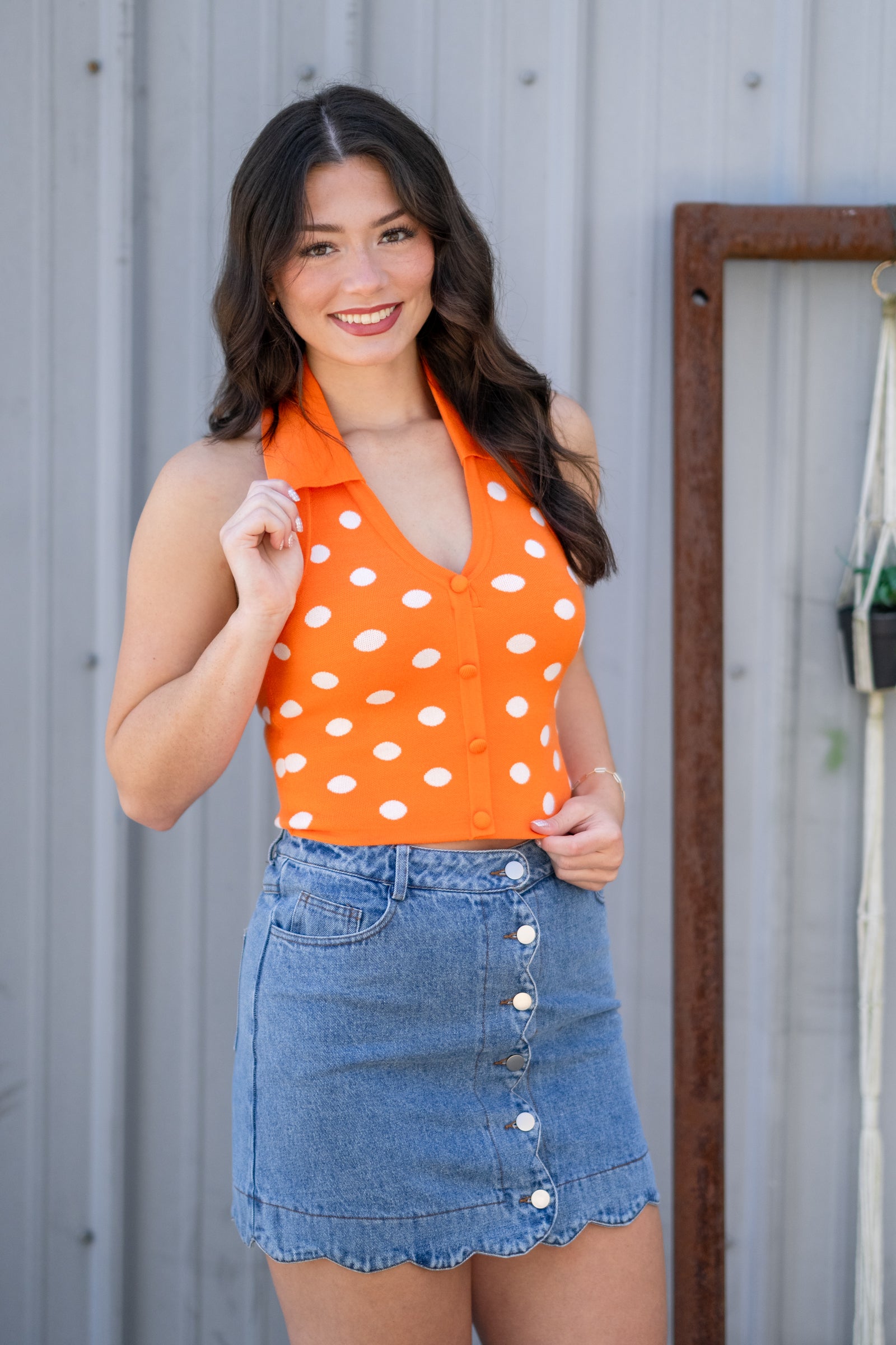 ORANGE HALTER POLKA DOT KNIT TOP