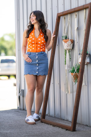ORANGE HALTER POLKA DOT KNIT TOP