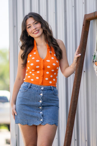 ORANGE HALTER POLKA DOT KNIT TOP