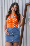 ORANGE HALTER POLKA DOT KNIT TOP