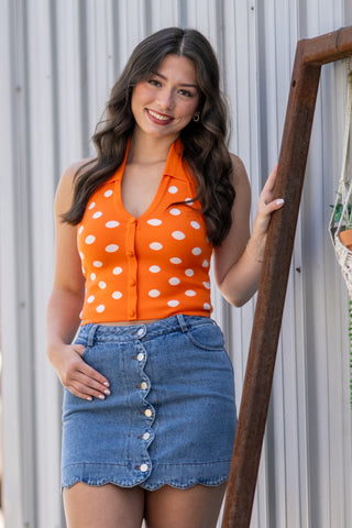 ORANGE HALTER POLKA DOT KNIT TOP